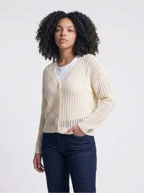 Madison + Hudson Cream Open-Knit V-Neck Button Cardigan Sweater